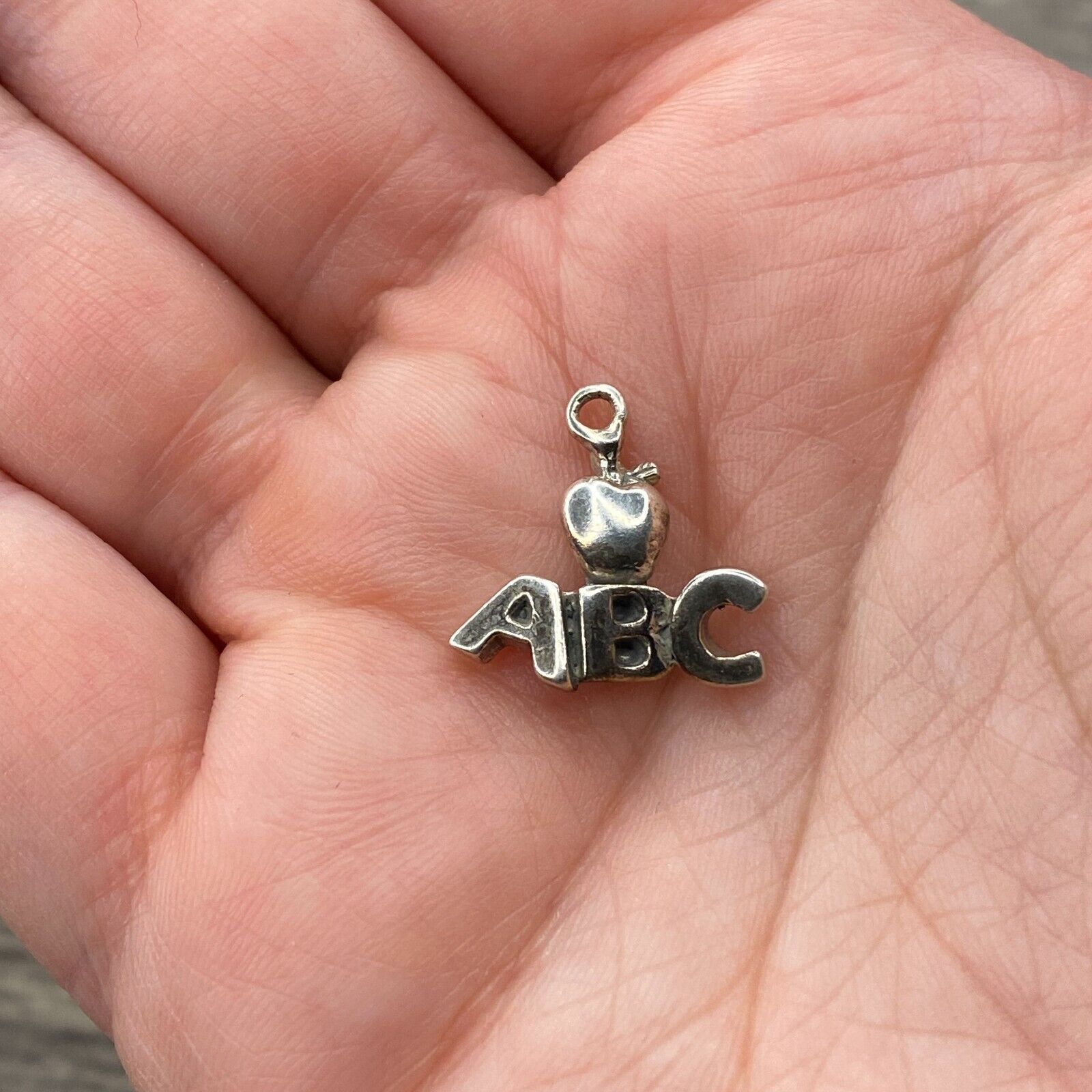 Vintage 925 Sterling Silver "Abc" Apple School Pendant Bracelet Charm